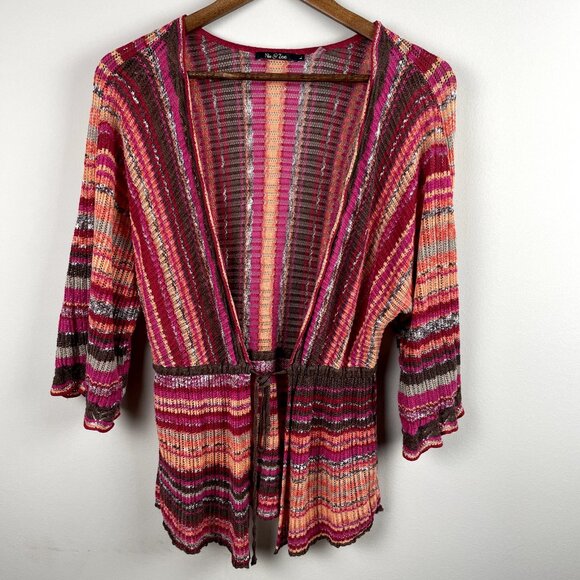 NIC+ZOE Cardigan Sweater Womens L Multicolor Stripe Tie Front 3/4 Sleeve Linen - Picture 1 of 9